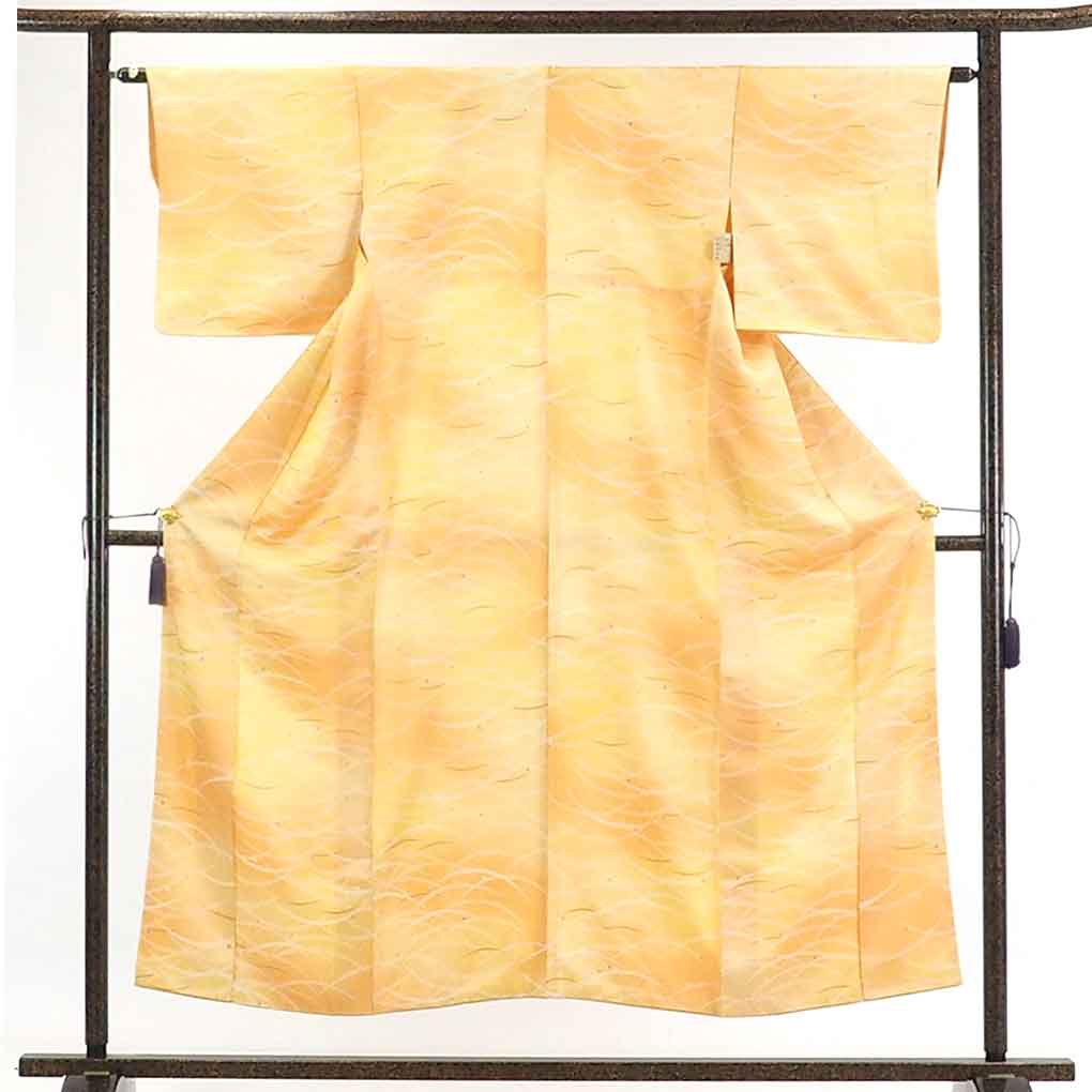 【在庫処分】リサイクル着物 小紋正絹黄色ぼかし露芝柄袷小紋着物レディース【裄Mサイズ】身丈153cm 裄63cm 前幅23cm 後幅28cm 袖丈45cm【ランクA】