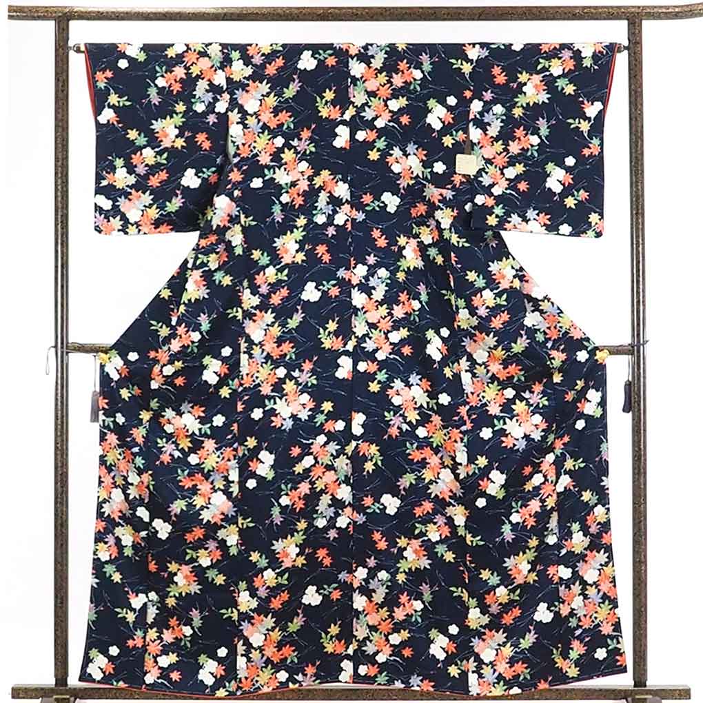 【在庫処分】リサイクル着物 小紋正絹紺地花柄袷小紋着物未使用品レディース【裄Mサイズ】身丈162cm 裄65cm 前幅23cm 後幅29cm 袖丈49cm【ランクS】