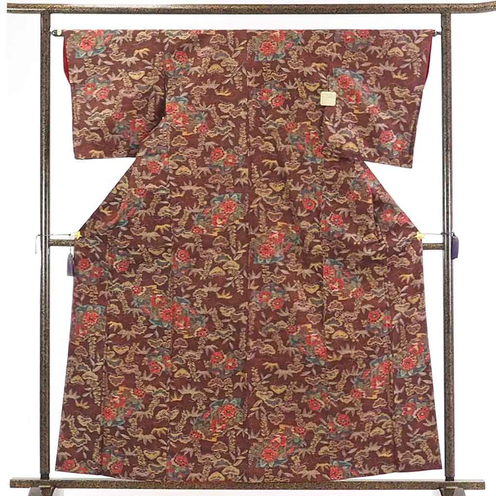 【在庫処分】リサイクル着物 紬正絹茶色地先染袷紬着物レディース【裄Mサイズ】身丈162cm 裄64cm 前幅25cm 後幅28cm 袖丈49cm【ランクA】