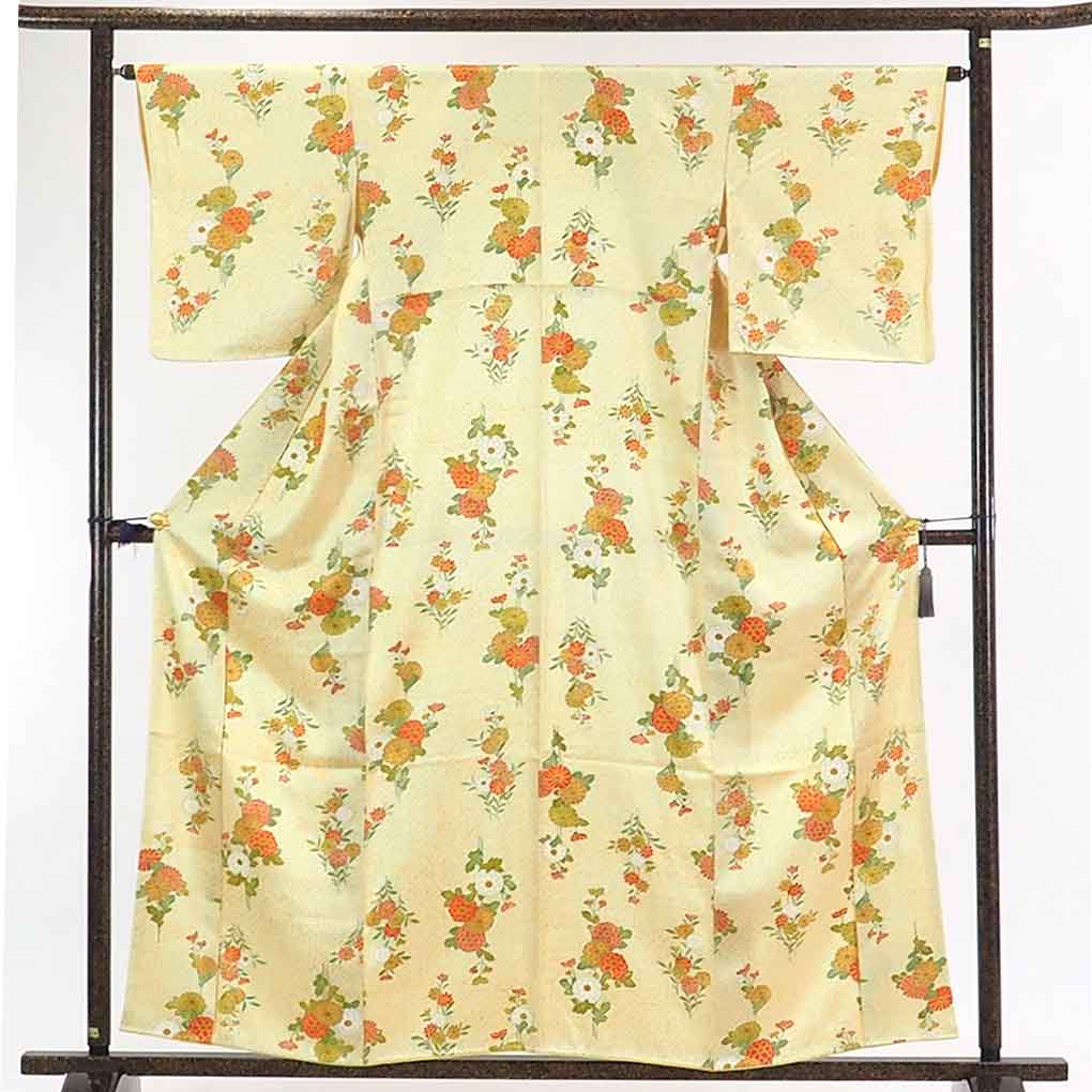 【在庫処分】リサイクル着物 小紋正絹黄色地花柄袷小紋着物レディース【裄Mサイズ】身丈160cm 裄64cm 前幅24cm 後幅28cm 袖丈48cm【ランクA】