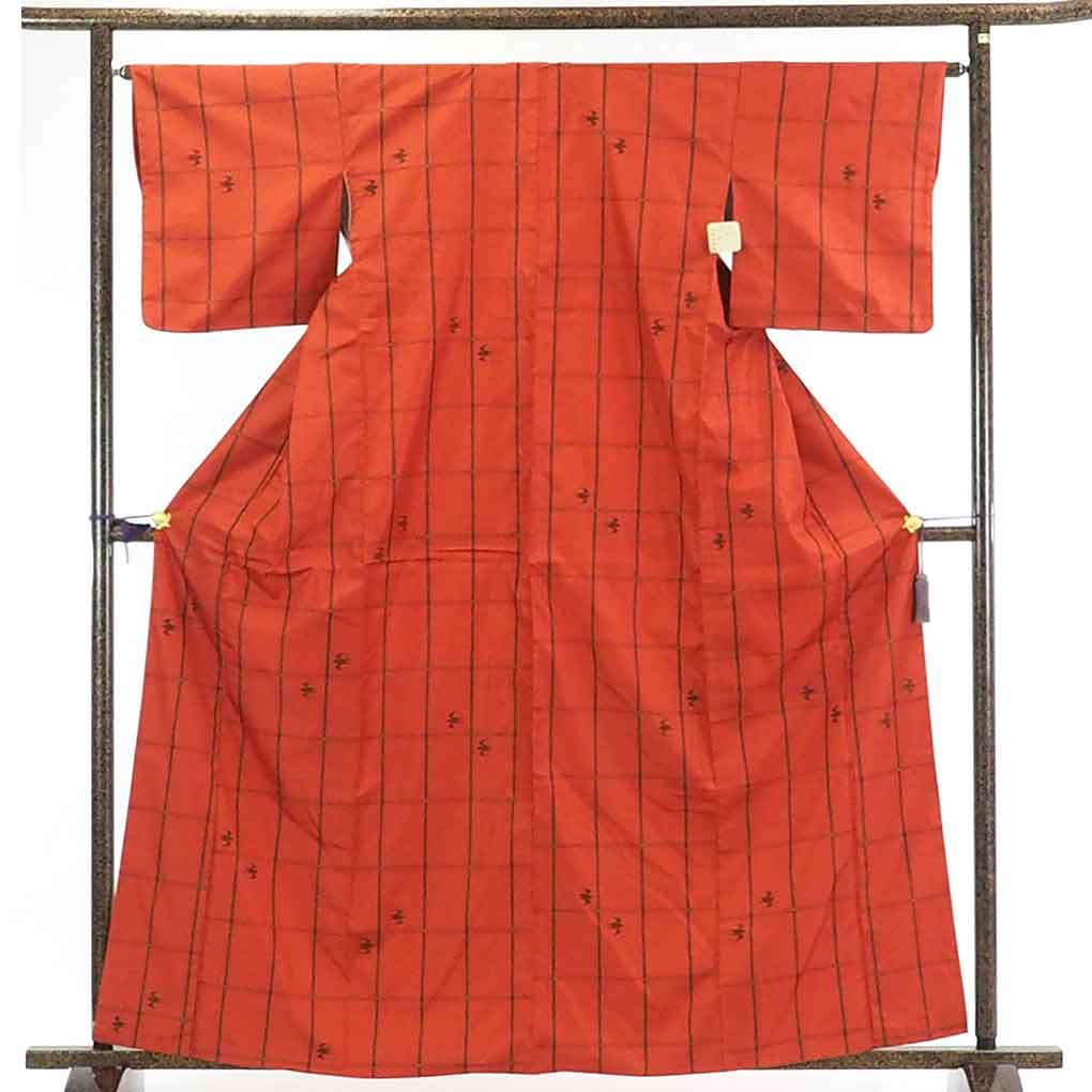 【在庫処分】リサイクル着物 紬正絹レンガ地格子柄袷紬着物レディース【裄Mサイズ】身丈164cm 裄64cm 前幅25cm 後幅30cm 袖丈45cm【ランクA】