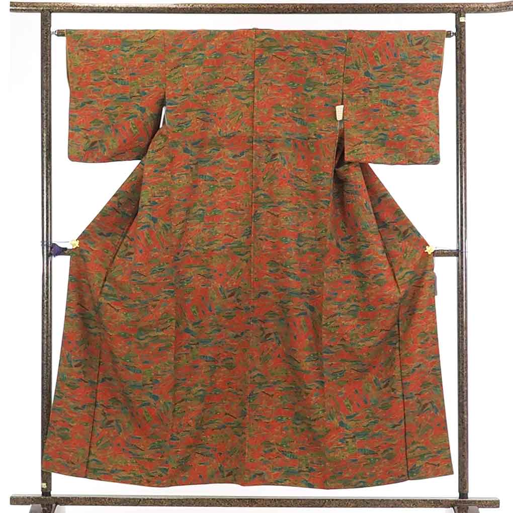 【在庫処分】リサイクル着物 小紋正絹赤茶レンガ地袷小紋着物レディース【裄Mサイズ】身丈155cm 裄65cm 前幅28cm 後幅30cm 袖丈46cm【ランクA】