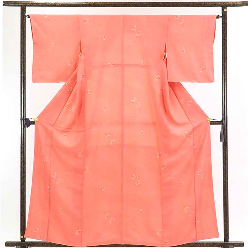 【在庫処分】リサイクル着物 小紋正絹ピンクオレンジ地袷江戸小紋未使用品レディース【裄Mサイズ】身丈161cm 裄65cm 前幅25cm 後幅29cm 袖丈48cm【ランクS】