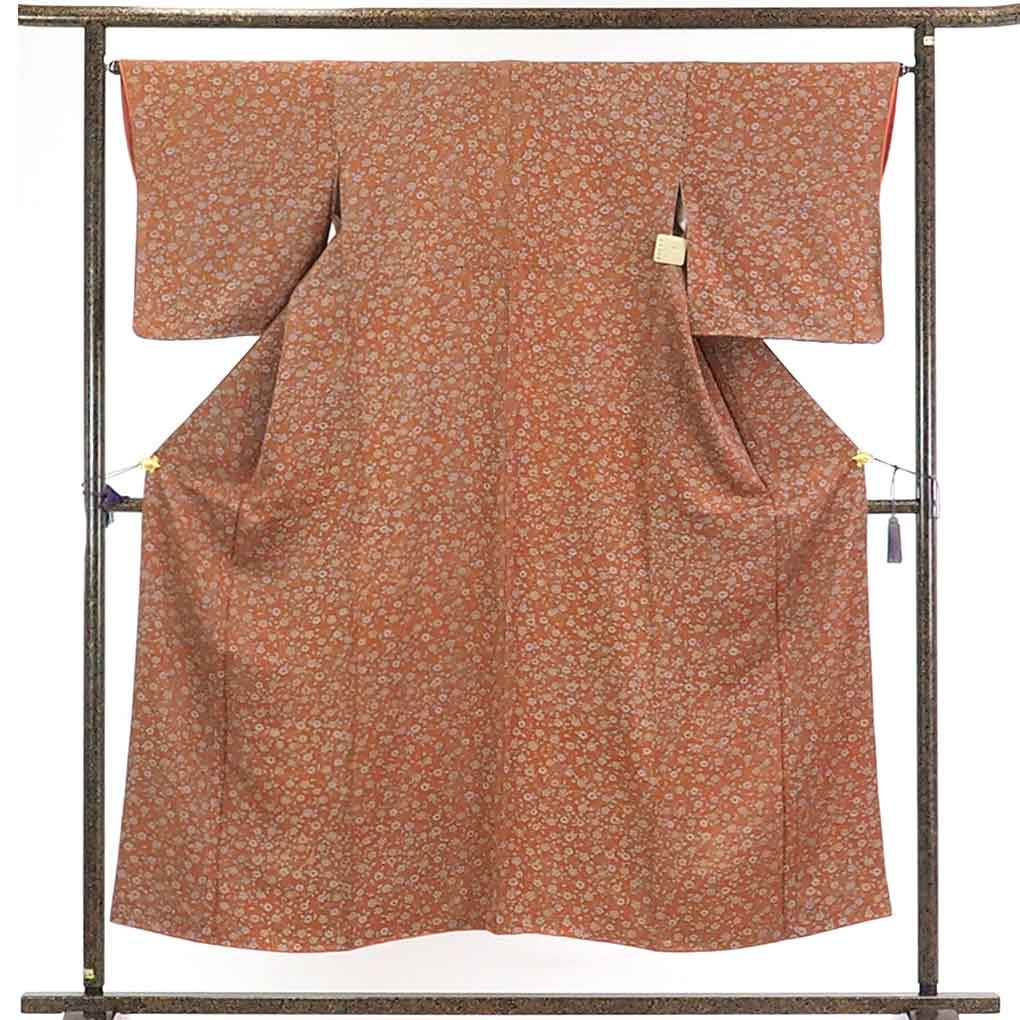 【在庫処分】リサイクル着物 小紋正絹茶色地花柄袷小紋着物レディース【裄Mサイズ】身丈152cm 裄65cm 前幅25cm 後幅28cm 袖丈49cm【ランクA】