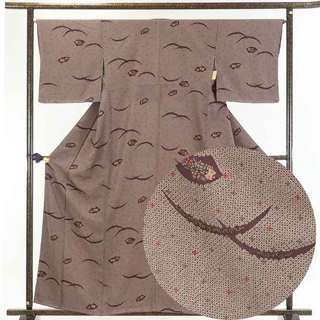 【在庫処分】リサイクル着物 小紋正絹茶紫地染鹿の子柄袷小紋着物未使用品レディース【裄Mサイズ】身丈161cm 裄66cm 前幅24cm 後幅29cm 袖丈46cm【ランクS】