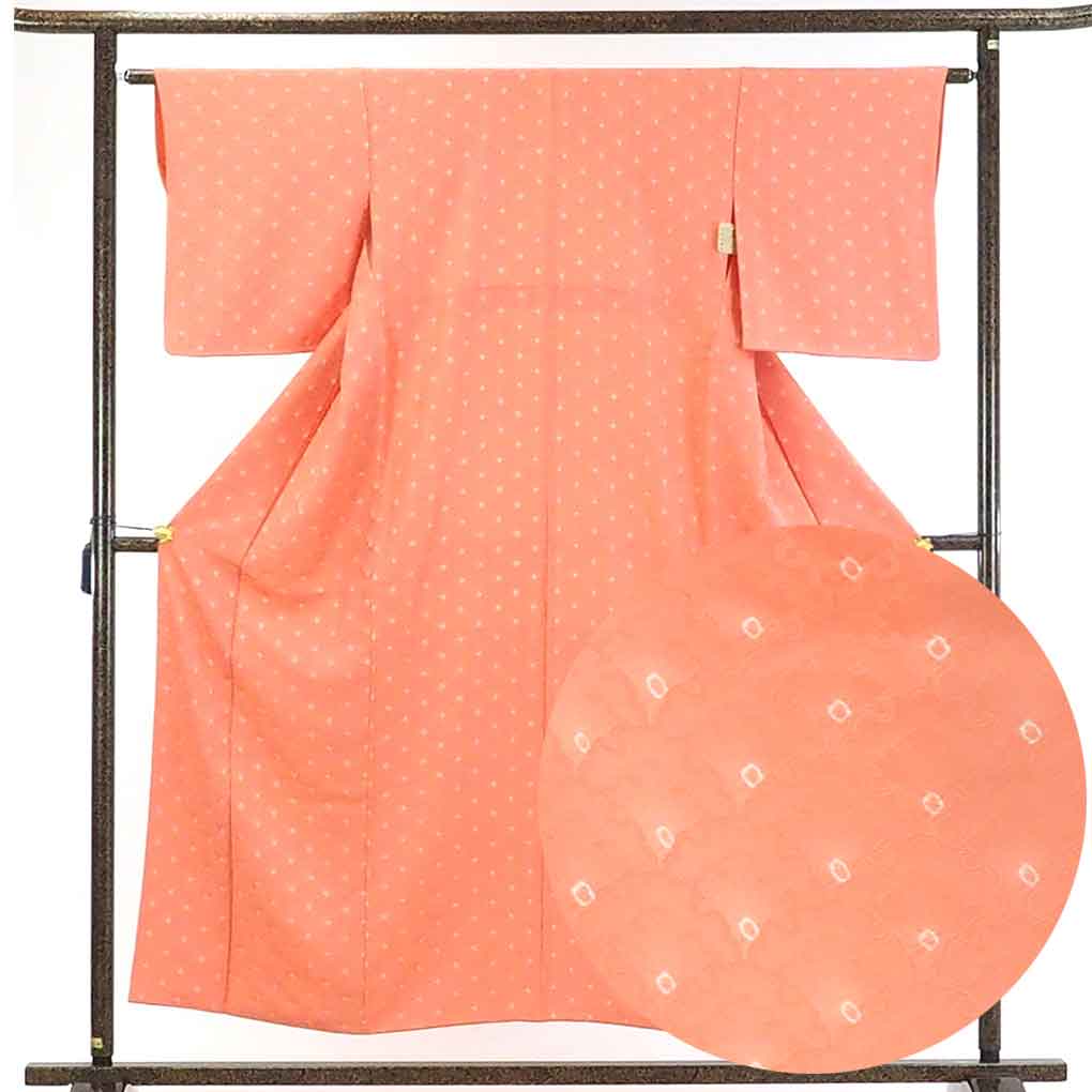 【在庫処分】リサイクル着物 小紋正絹ピンクオレンジ地一方付袷小紋着物レディース【裄Sサイズ】身丈155cm 裄62cm 前幅23cm 後幅28.5cm 袖丈47cm【ランクB】