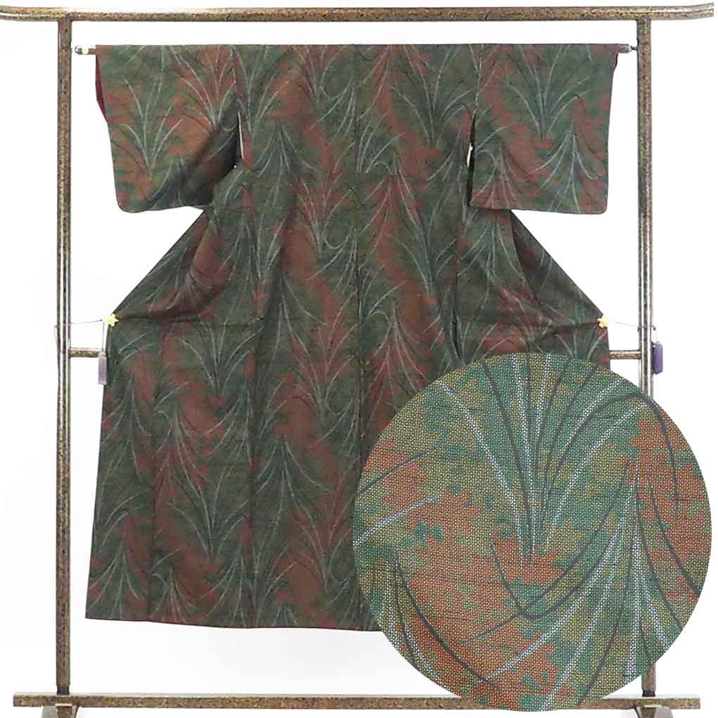 【在庫処分】リサイクル着物 紬正絹茶グリーン地袷紬着物レディース【裄Mサイズ】身丈147cm 裄63cm 前幅25cm 後幅29cm 袖丈45cm【ランクA】