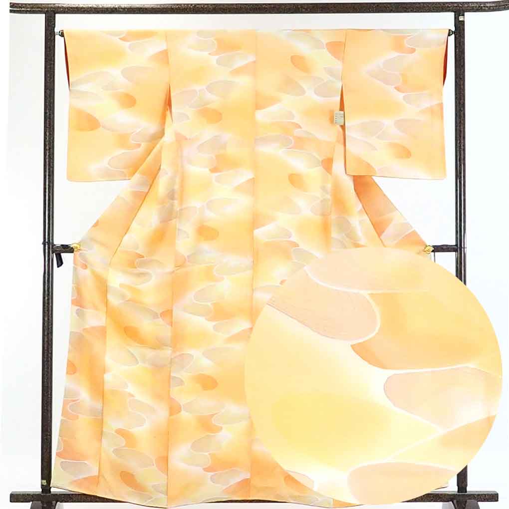 【在庫処分】リサイクル着物 小紋正絹オレンジ地袷小紋着物レディース【裄Mサイズ】身丈163cm 裄65cm 前幅25cm 後幅28cm 袖丈52cm【ランクB】