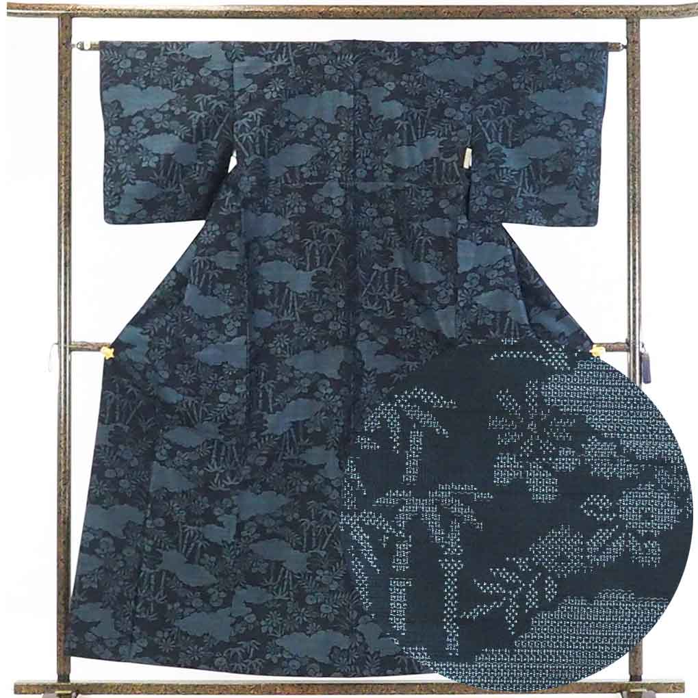 【在庫処分】リサイクル着物 紬正絹紺地先染袷紬着物レディース【裄Sサイズ】身丈159cm 裄62cm 前幅24.5cm 後幅30cm 袖丈47cm【ランクA】