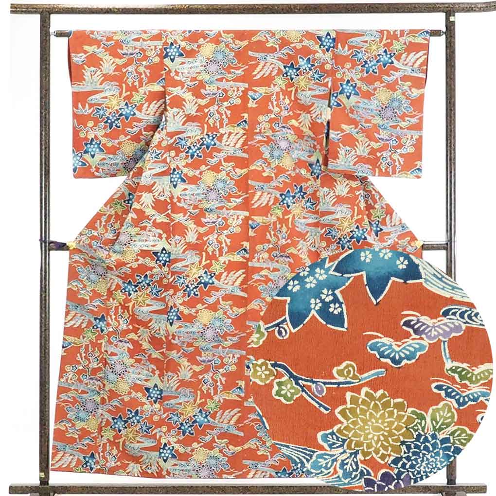 【在庫処分】リサイクル着物 小紋正絹赤茶レンガ地袷小紋着物レディース【裄Sサイズ】身丈158cm 裄62cm 前幅23cm 後幅29cm 袖丈53cm【ランクA】