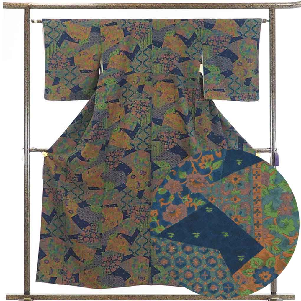 【在庫処分】リサイクル着物 小紋正絹紺地花柄袷小紋着物レディース【裄Mサイズ】身丈156cm 裄63cm 前幅22.5cm 後幅29cm 袖丈48cm【ランクB】