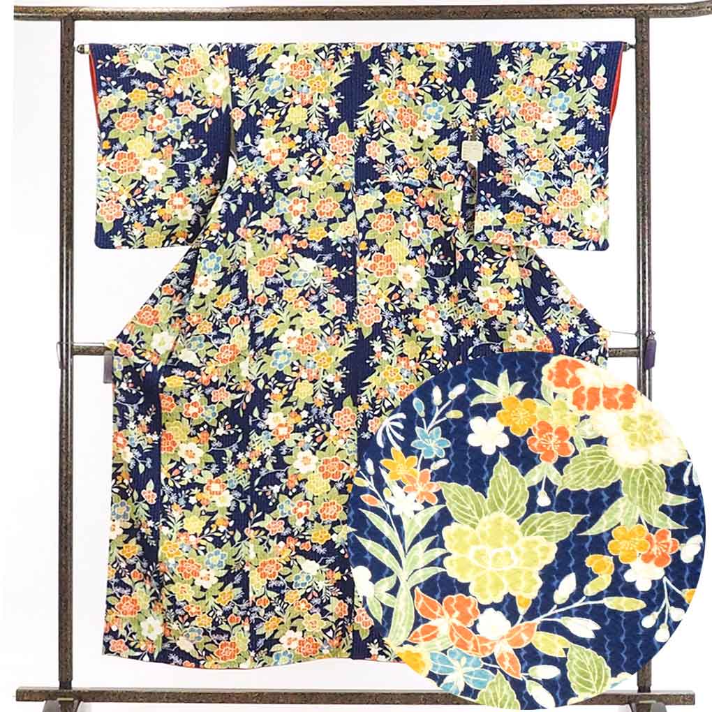 【在庫処分】リサイクル着物 小紋正絹紺地花柄袷小紋着物レディース【裄Mサイズ】身丈155cm 裄65cm 前幅23cm 後幅28cm 袖丈52cm【ランクA】