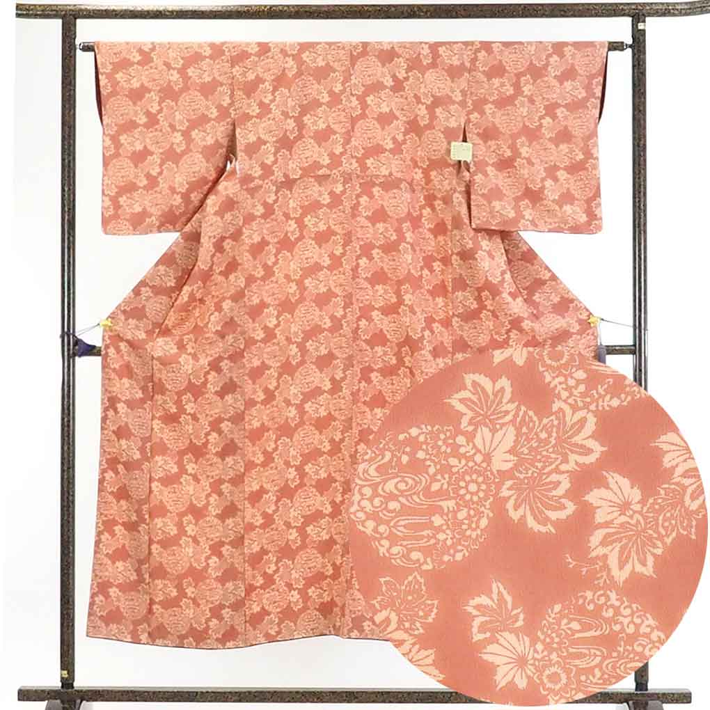 【在庫処分】リサイクル着物 小紋正絹茶ローズ地花柄袷小紋着物レディース【裄Mサイズ】身丈150cm 裄63cm 前幅25cm 後幅28.5cm 袖丈49cm【ランクB】