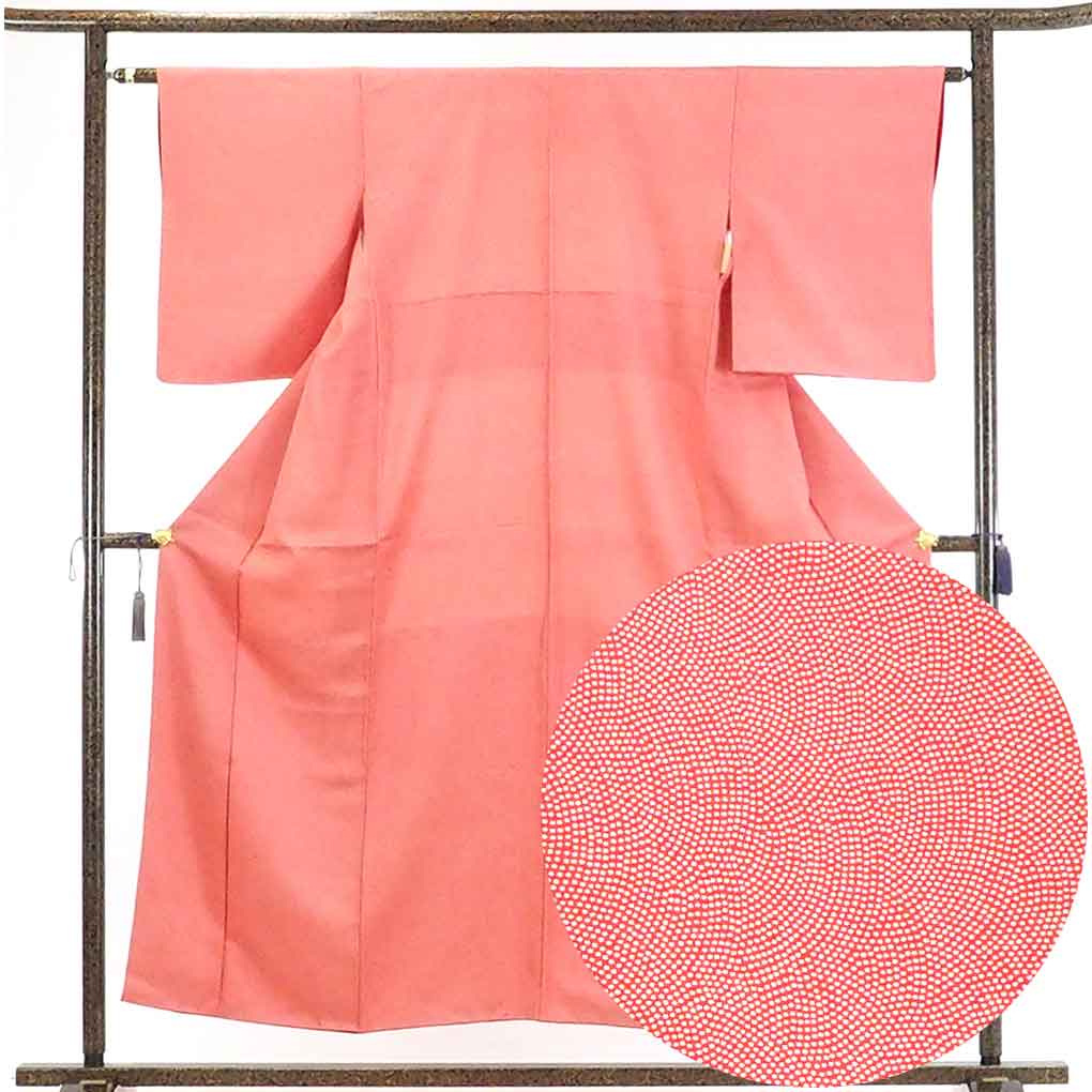 【在庫処分】リサイクル着物 小紋正絹オレンジ地袷江戸小紋着物レディース【裄Sサイズ】身丈155cm 裄62cm 前幅23cm 後幅29cm 袖丈51cm【ランクA】