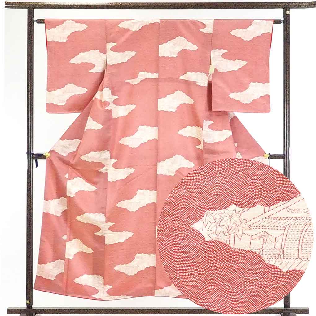 【在庫処分】リサイクル着物 小紋正絹赤地鮫小紋雲取り柄袷小紋着物レディース【裄Sサイズ】身丈154cm 裄62cm 前幅23cm 後幅28.5cm 袖丈52cm【ランクA】