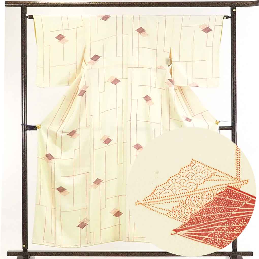 【在庫処分】リサイクル着物 小紋正絹薄クリーム地袷小紋着物レディース【裄Mサイズ】身丈155cm 裄63cm 前幅24.5cm 後幅28cm 袖丈49cm【ランクB】