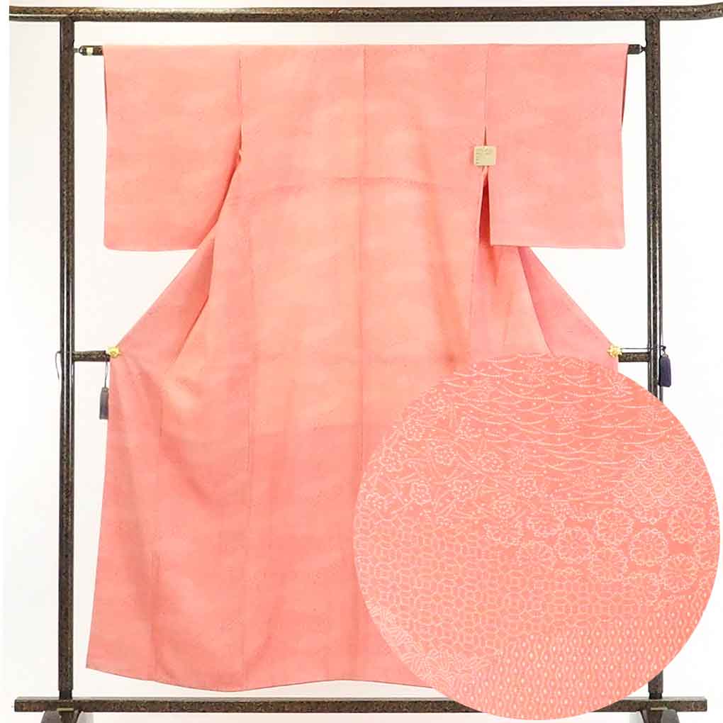 【在庫処分】リサイクル着物 小紋正絹ピンク地袷江戸小紋着物レディース【裄Sサイズ】身丈156cm 裄62cm 前幅23cm 後幅29.5cm 袖丈50cm【ランクA】