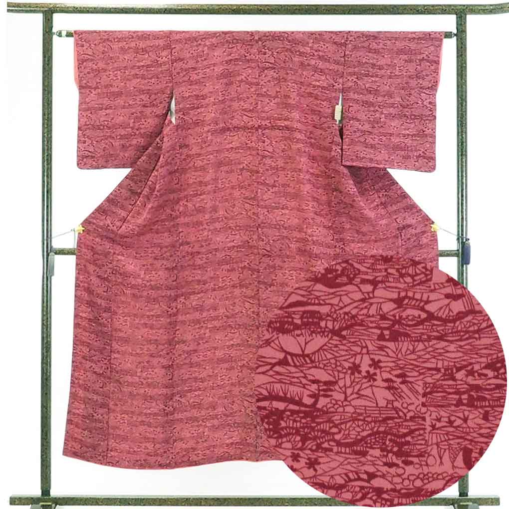 【在庫処分】リサイクル着物 小紋正絹濃いピンク地袷小紋着物レディース【裄Mサイズ】身丈150cm 裄63cm 前幅23cm 後幅30cm 袖丈49cm【ランクA】