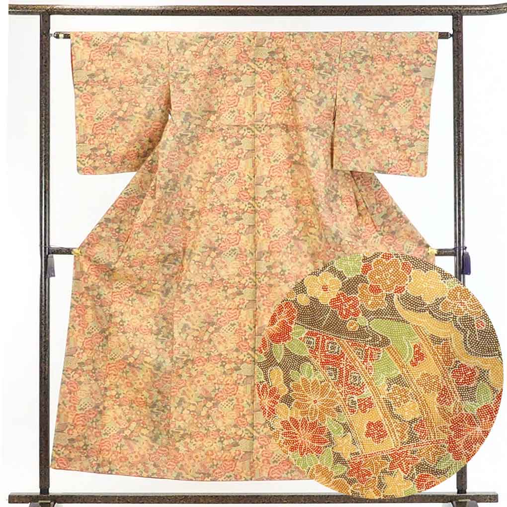 【在庫処分】リサイクル着物 小紋正絹黄色地花柄袷小紋着物レディース【裄Sサイズ】身丈156cm 裄62cm 前幅23.5cm 後幅29cm 袖丈50cm【ランクA】