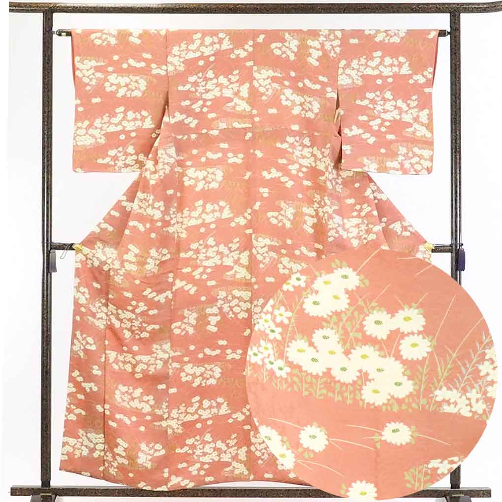 【在庫処分】リサイクル着物 小紋正絹茶ローズ地花柄袷小紋着物レディース【裄Sサイズ】身丈160cm 裄62cm 前幅24cm 後幅29cm 袖丈50cm【ランクA】