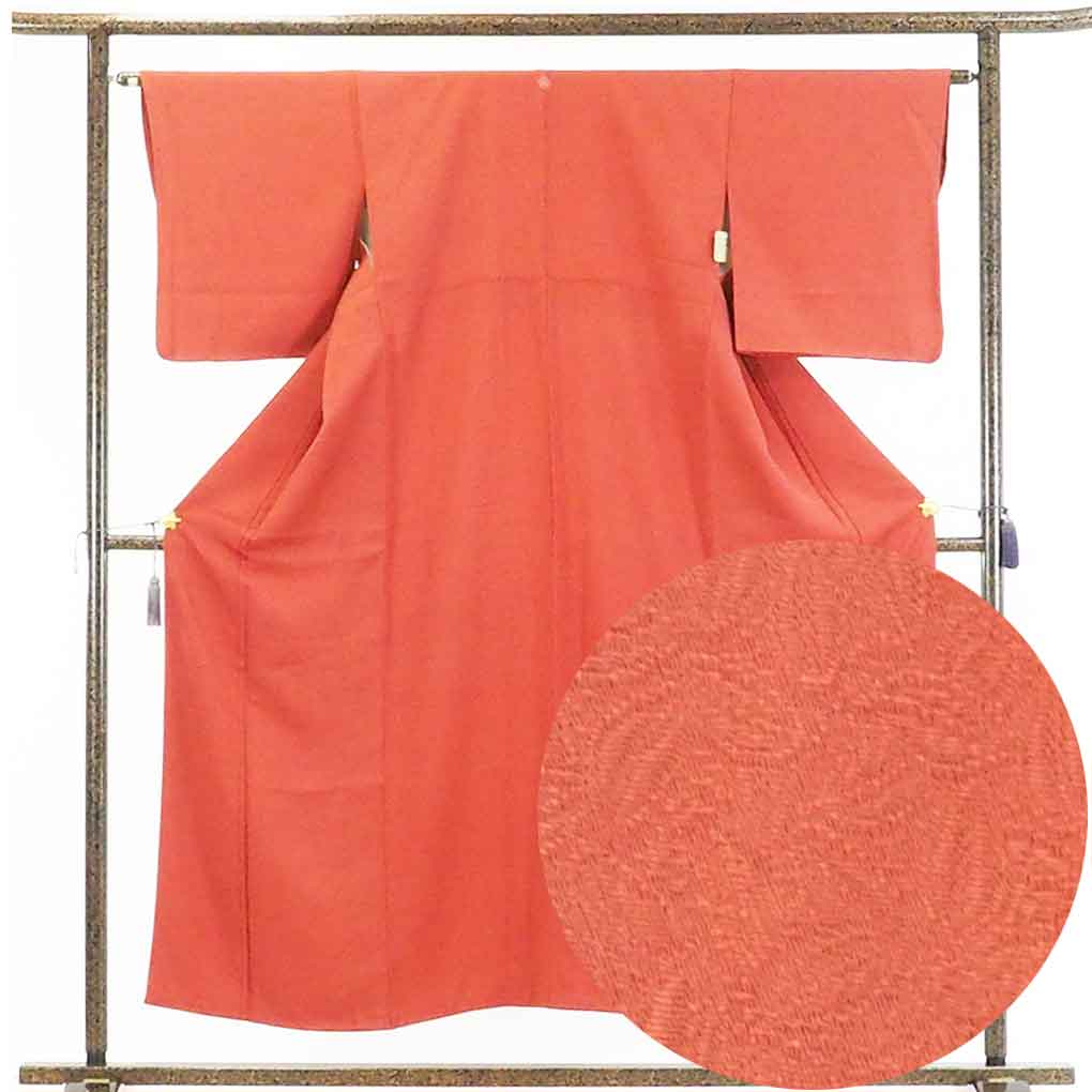 【在庫処分】リサイクル着物 色無地正絹レンガ地三ツ柏紋入袷色無地レディース【裄Mサイズ】身丈154cm 裄63cm 前幅24cm 後幅29cm 袖丈48cm【ランクA】