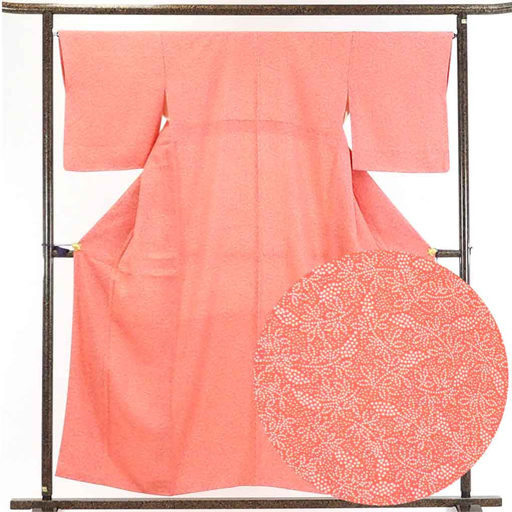 【在庫処分】リサイクル着物 小紋正絹オレンジ地花柄袷小紋着物レディース【裄Mサイズ】身丈158cm 裄66cm 前幅24cm 後幅30cm 袖丈48cm【ランクB】