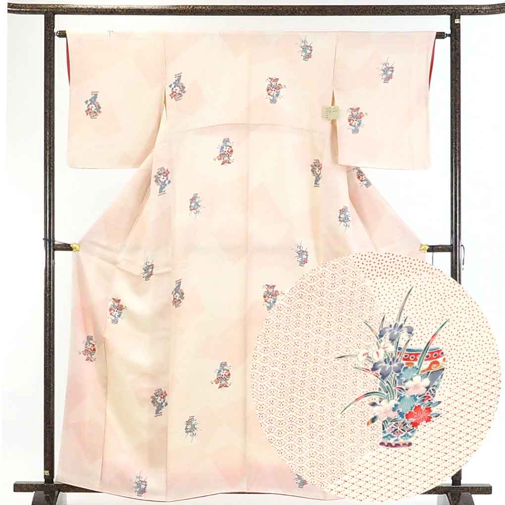 【在庫処分】リサイクル着物 小紋正絹白地壺柄袷小紋着物レディース【裄Mサイズ】身丈164cm 裄63cm 前幅24cm 後幅28cm 袖丈49cm【ランクA】