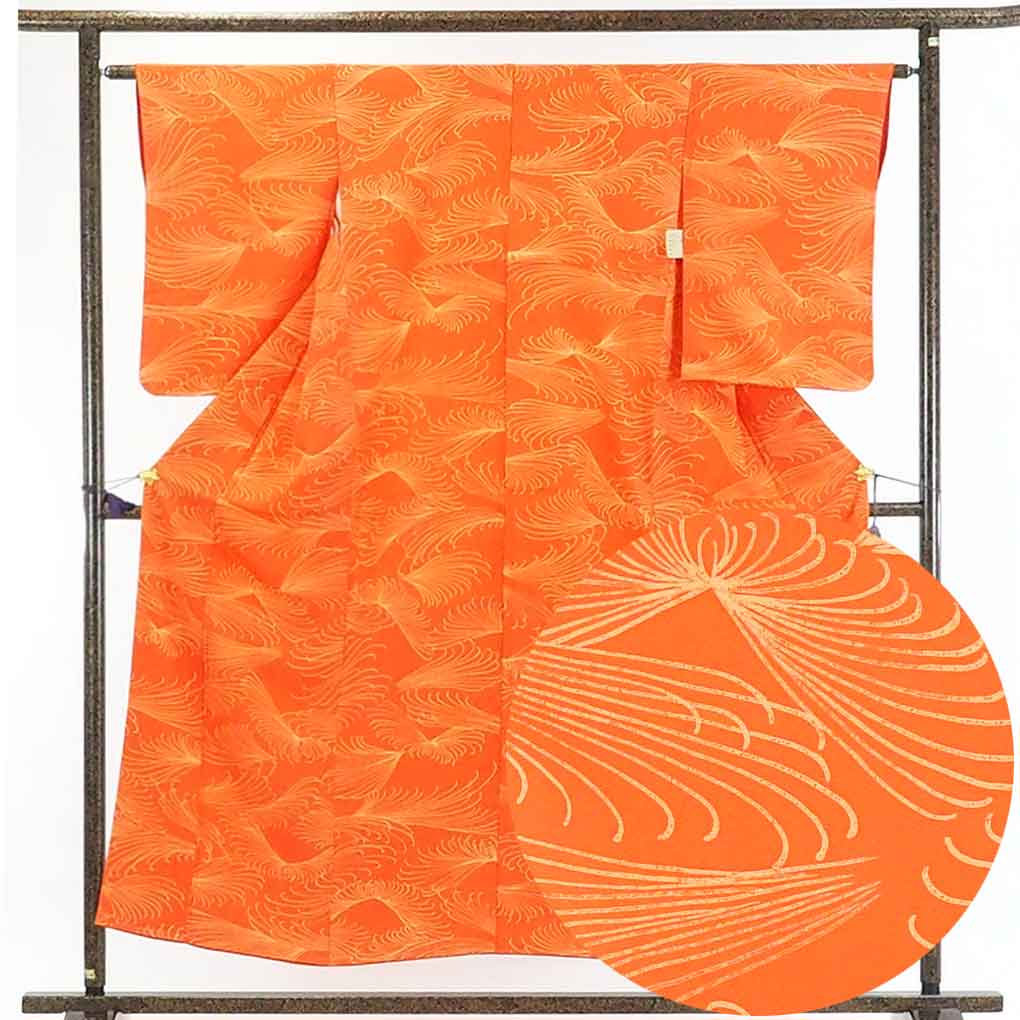 【在庫処分】リサイクル着物 小紋正絹オレンジ地袷小紋着物未使用品レディース【裄Sサイズ】身丈154cm 裄62cm 前幅24.5cm 後幅28cm 袖丈56cm【ランクS】