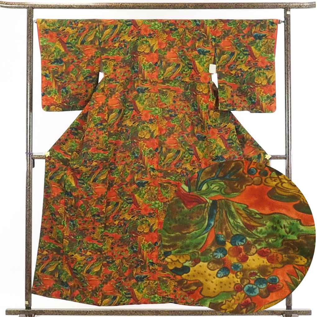 【在庫処分】リサイクル着物 小紋正絹赤茶地袷小紋着物レディース【裄Mサイズ】身丈158cm 裄65cm 前幅23cm 後幅30cm 袖丈52cm【ランクA】