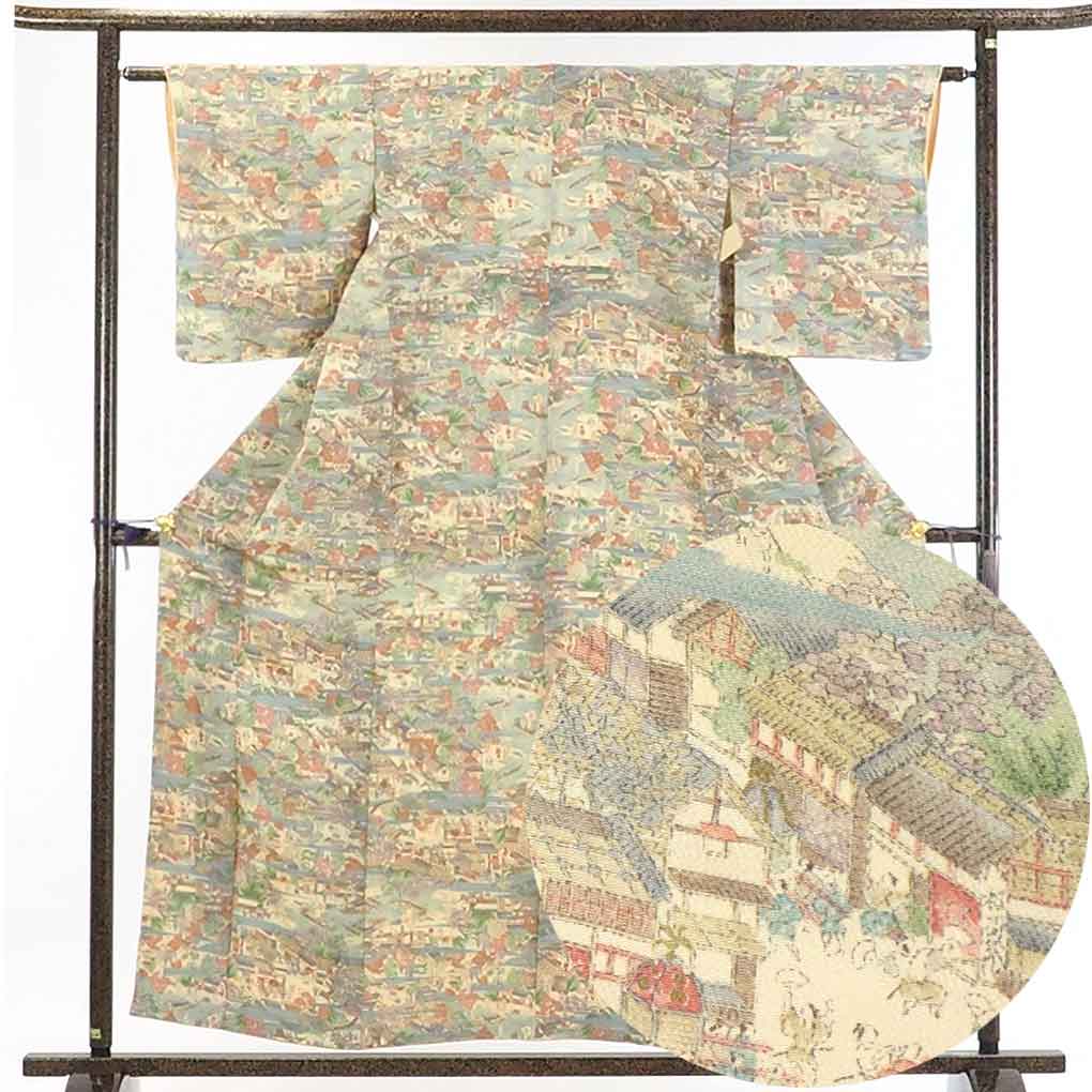 【在庫処分】リサイクル着物 小紋正絹薄ベージュ地袷小紋着物レディース【裄Sサイズ】身丈158cm 裄62cm 前幅22.5cm 後幅28cm 袖丈49cm【ランクA】