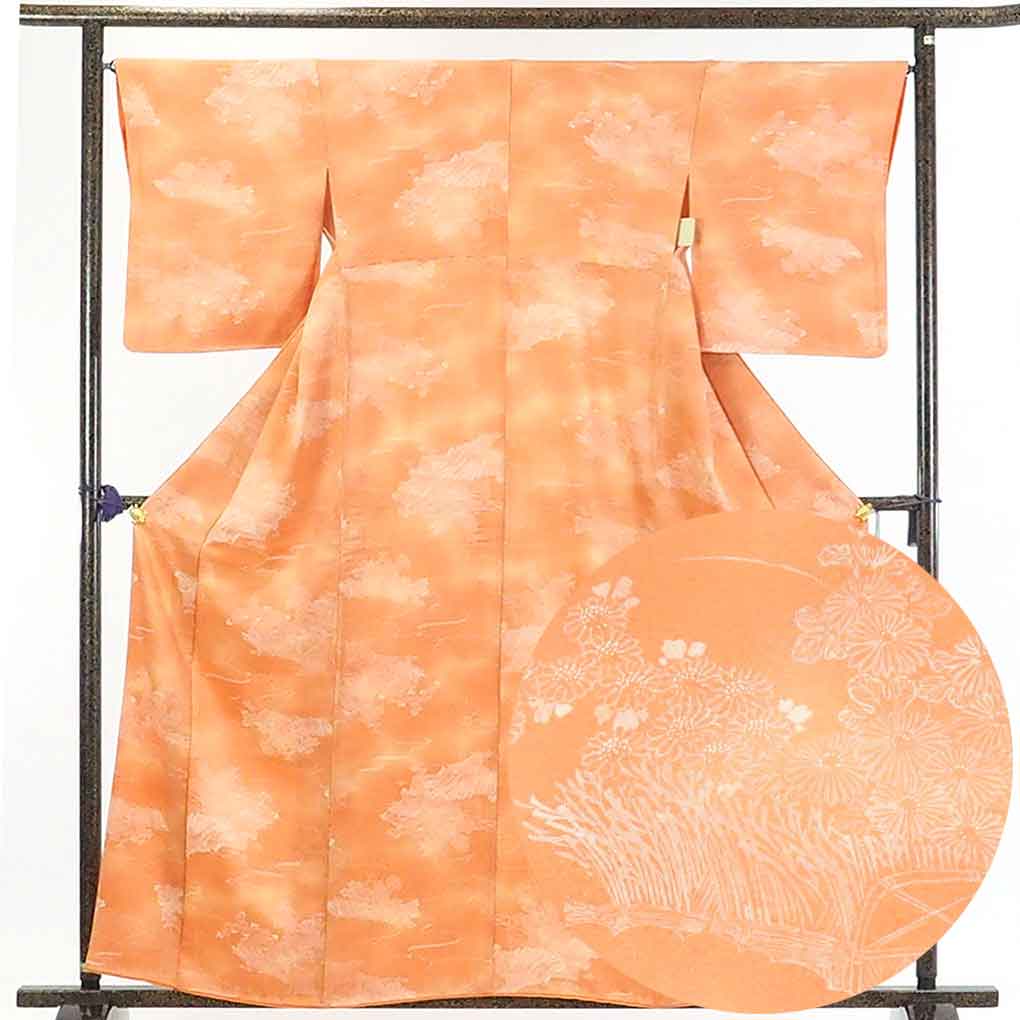 【在庫処分】リサイクル着物 小紋正絹オレンジぼかし袷小紋着物レディース【裄Mサイズ】身丈161cm 裄66cm 前幅25.5cm 後幅29cm 袖丈51cm【ランクA】