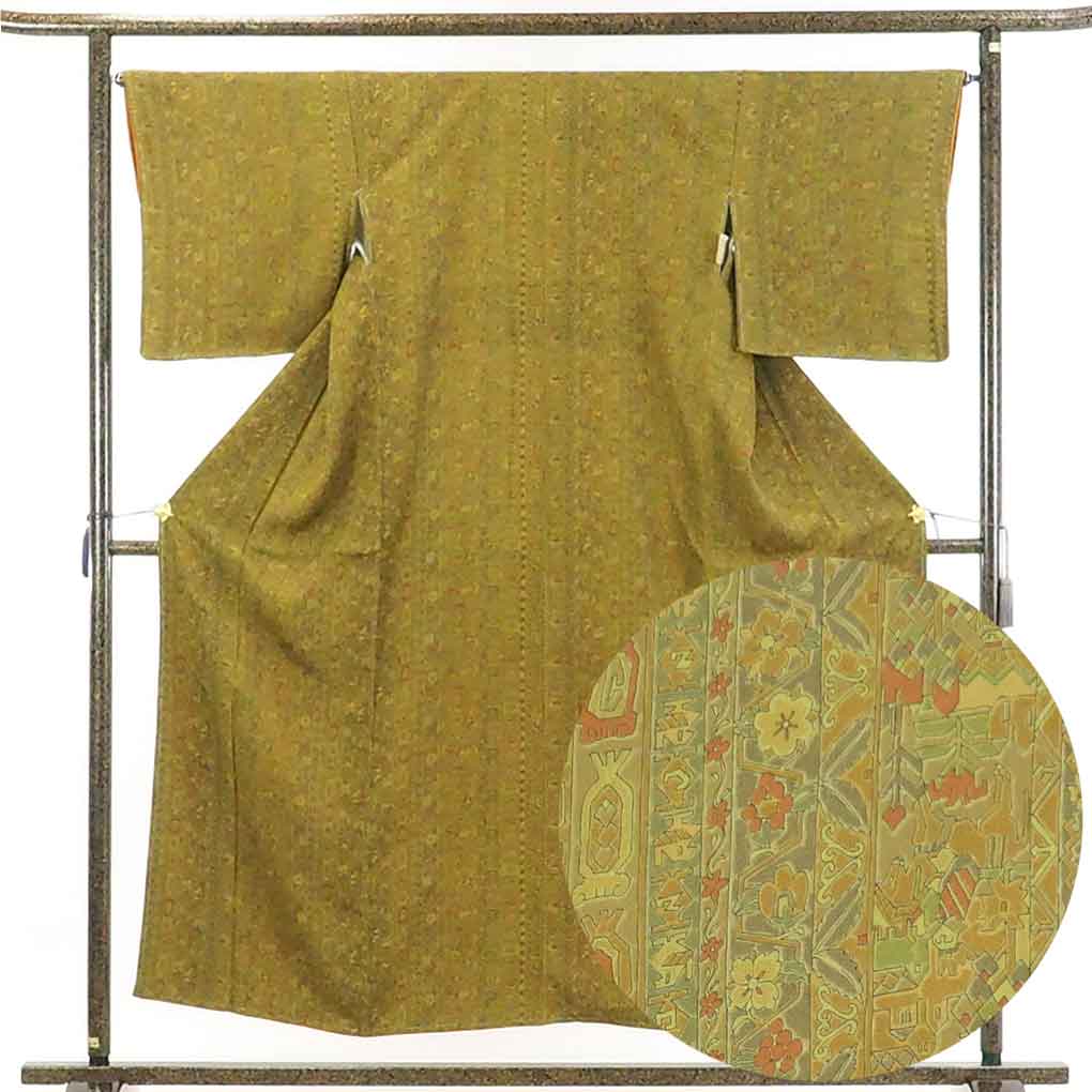 【在庫処分】リサイクル着物 小紋正絹茶グリーン地袷小紋着物未使用品レディース【裄Mサイズ】身丈154cm 裄65cm 前幅22.5cm 後幅28cm 袖丈46cm【ランクS】