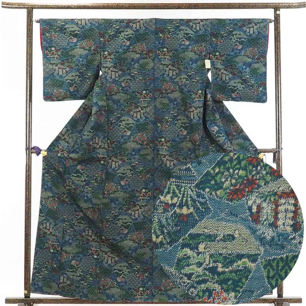 【在庫処分】リサイクル着物 紬正絹紺地先染花柄袷紬着物未使用品レディース【裄Mサイズ】身丈163cm 裄65cm 前幅22.5cm 後幅30cm 袖丈49cm【ランクS】