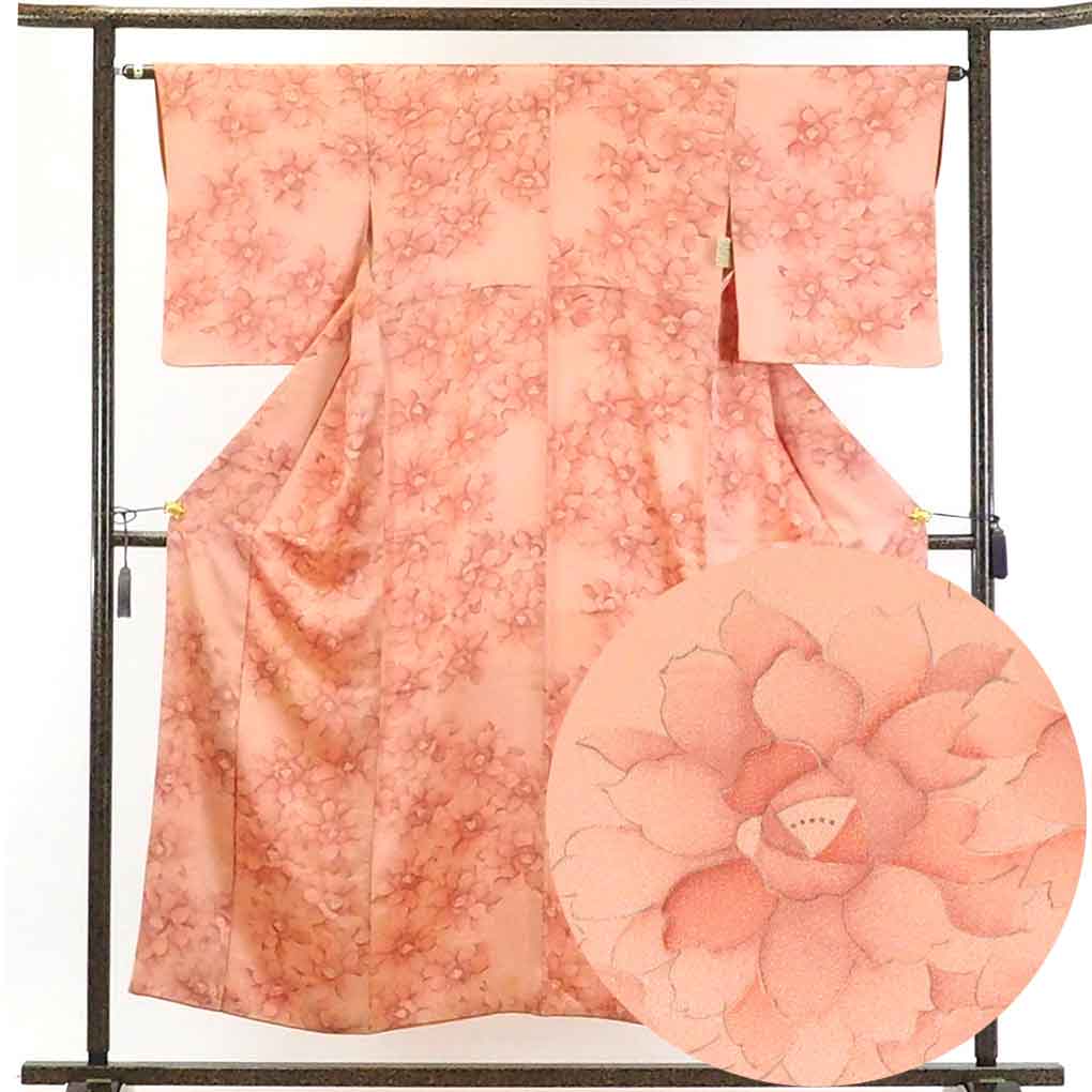 【在庫処分】リサイクル着物 小紋正絹ピンク地花柄袷小紋着物レディース【裄Mサイズ】身丈154cm 裄64cm 前幅24cm 後幅28.5cm 袖丈49cm【ランクB】