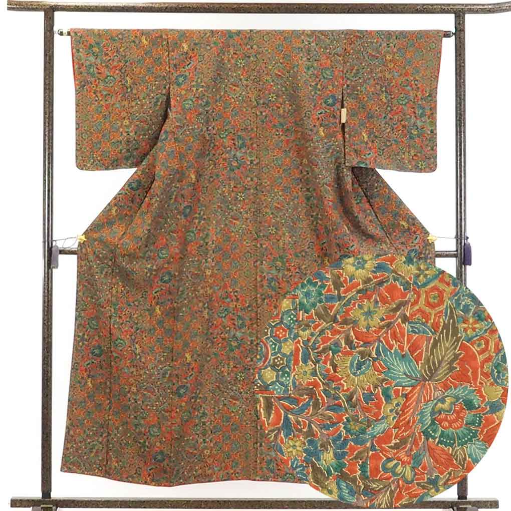 【在庫処分】リサイクル着物 小紋正絹朱赤地更紗模様袷小紋着物未使用品レディース【裄Mサイズ】身丈156cm 裄63cm 前幅23cm 後幅30.5cm 袖丈49cm【ランクS】