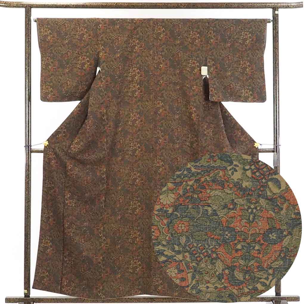 【在庫処分】リサイクル着物 小紋正絹茶色地更紗模様袷小紋着物レディース【裄Mサイズ】身丈160cm 裄65cm 前幅24cm 後幅30cm 袖丈49cm【ランクB】