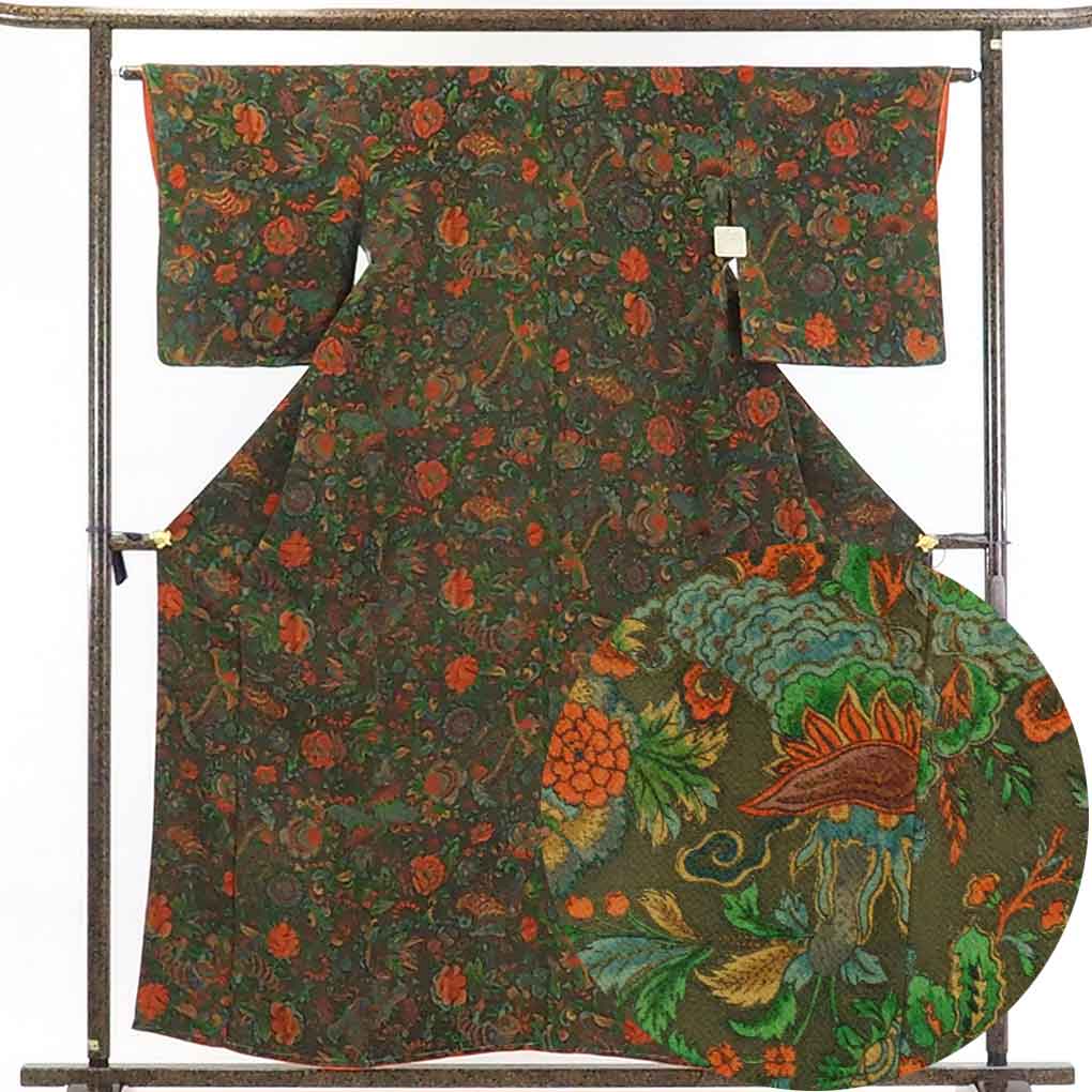 【在庫処分】リサイクル着物 小紋正絹焦茶地花柄袷小紋着物未使用品レディース【裄Mサイズ】身丈159cm 裄64cm 前幅23cm 後幅29cm 袖丈49cm【ランクS】