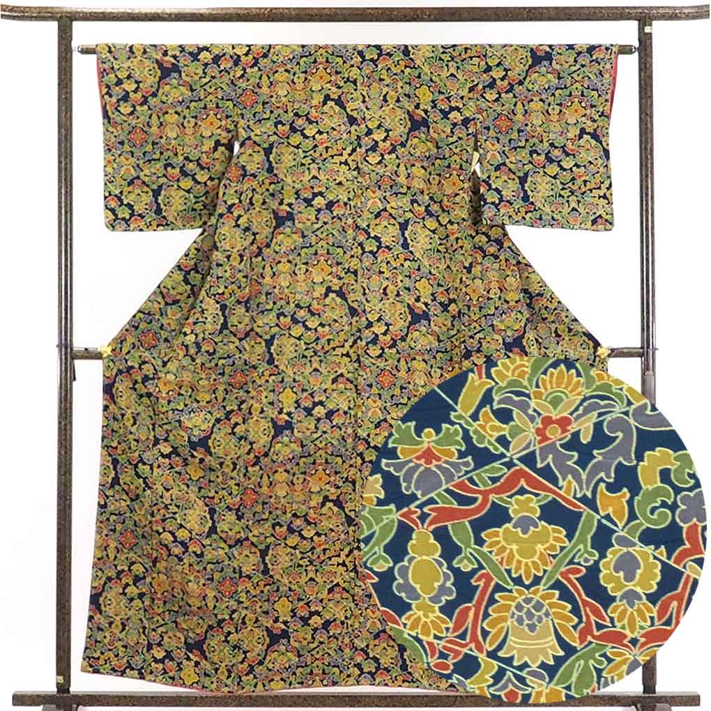 【在庫処分】リサイクル着物 小紋正絹紺地花柄袷小紋着物未使用品レディース【裄Mサイズ】身丈160cm 裄63cm 前幅22.5cm 後幅28cm 袖丈46cm【ランクS】