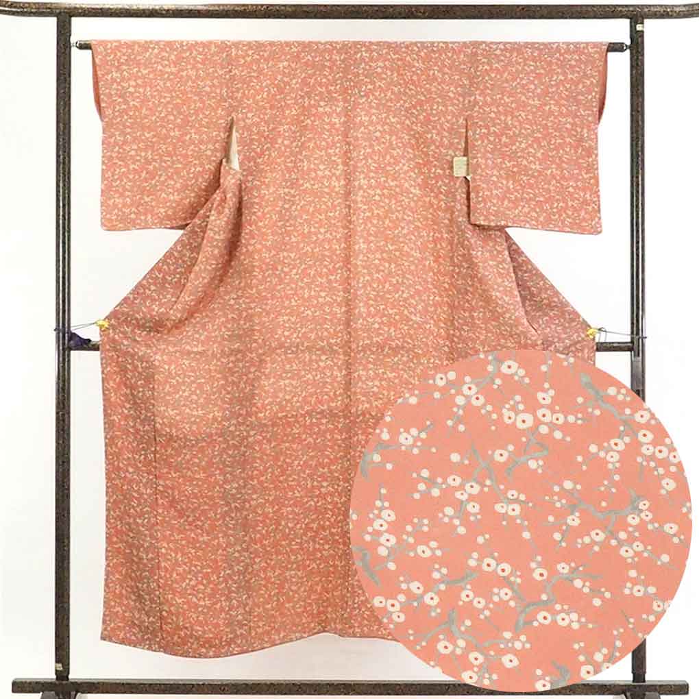 【在庫処分】リサイクル着物 小紋正絹ピンク地袷小紋着物レディース【裄Mサイズ】身丈154cm 裄63cm 前幅22.5cm 後幅28cm 袖丈49cm【ランクA】