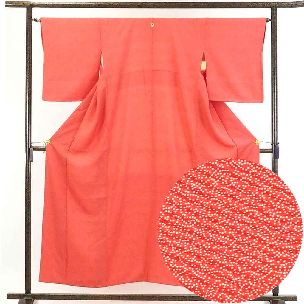 【在庫処分】リサイクル着物 小紋正絹朱赤地袷江戸小紋着物レディース【裄Mサイズ】身丈155cm 裄64cm 前幅24cm 後幅29cm 袖丈49cm【ランクB】