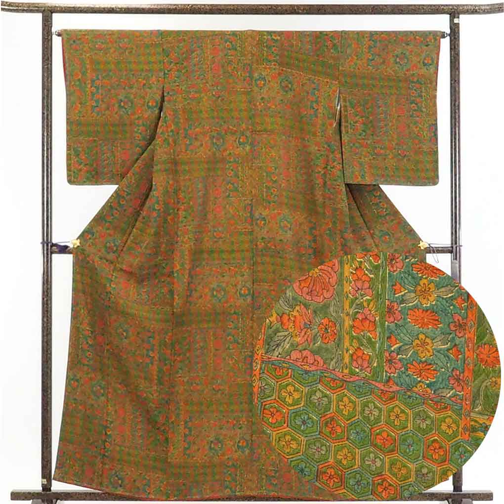 【在庫処分】リサイクル着物 小紋正絹グリーン地更紗模様袷小紋着物未使用品レディース【裄Mサイズ】身丈162cm 裄65cm 前幅24cm 後幅30cm 袖丈53cm【ランクS】