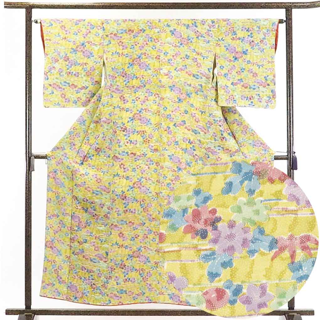 【在庫処分】リサイクル着物 小紋正絹黄緑地花柄袷小紋着物レディース【裄Mサイズ】身丈157cm 裄64cm 前幅22cm 後幅29cm 袖丈50cm【ランクA】