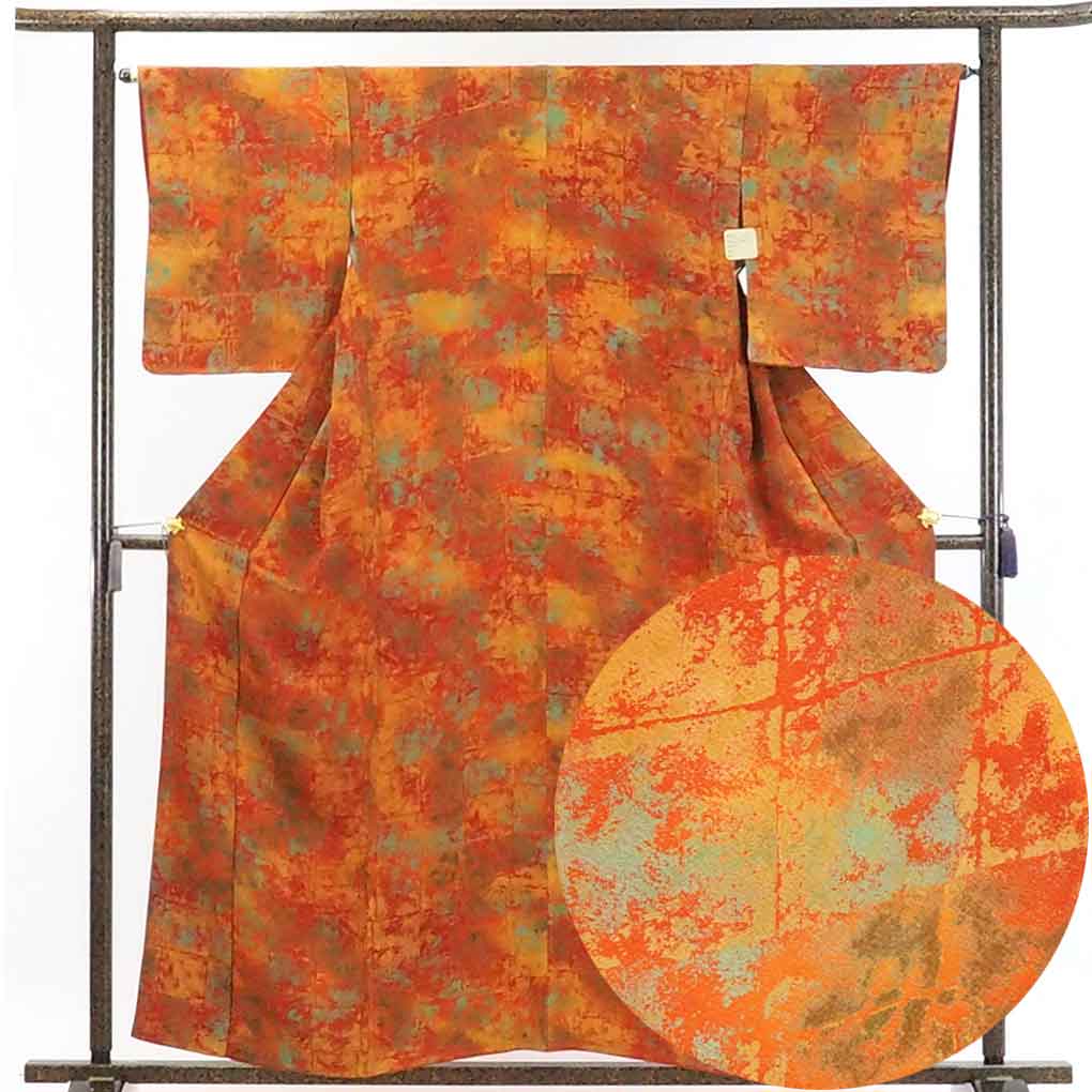 【在庫処分】リサイクル着物 小紋正絹朱赤地袷小紋着物レディース【裄Mサイズ】身丈160cm 裄65cm 前幅22.5cm 後幅30cm 袖丈49cm【ランクA】