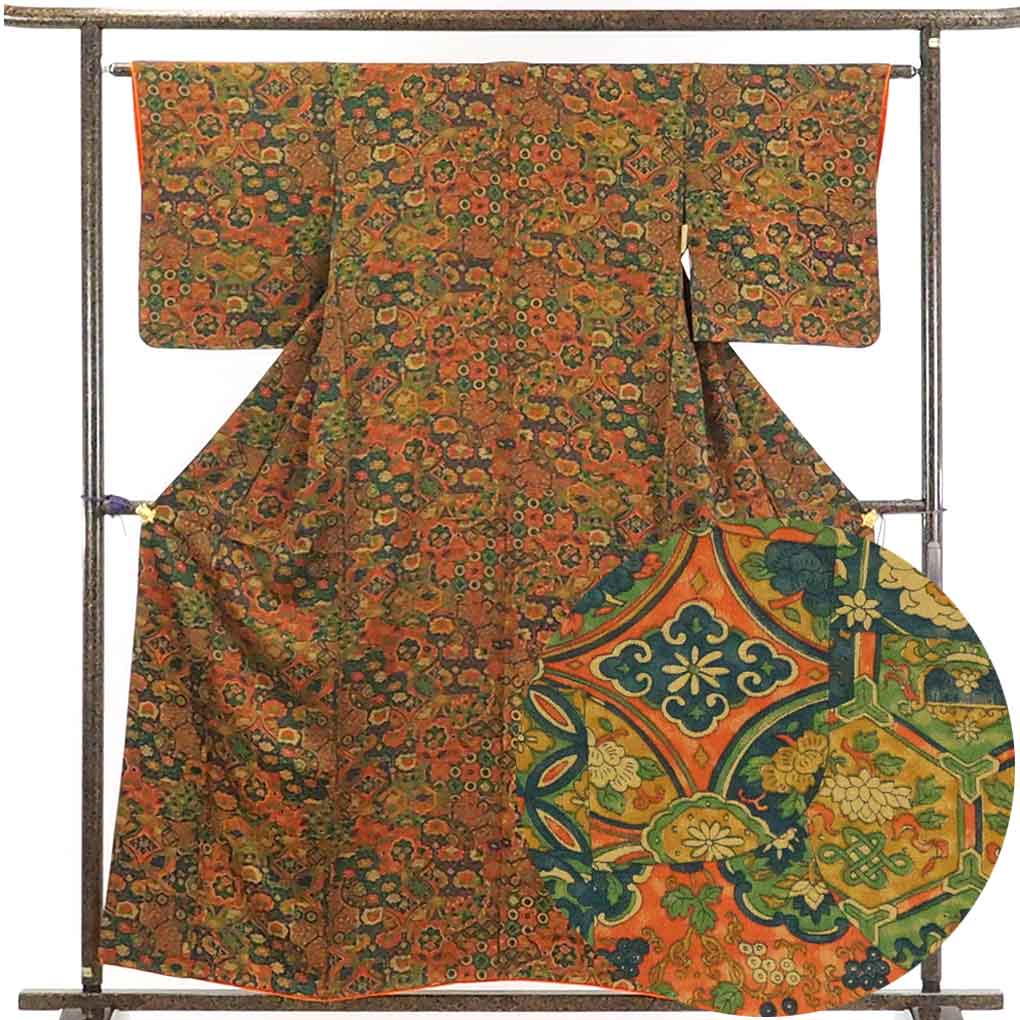 【在庫処分】リサイクル着物 小紋正絹更紗模様袷小紋着物レディース【裄Mサイズ】身丈158cm 裄63cm 前幅23cm 後幅29.5cm 袖丈49cm【ランクA】