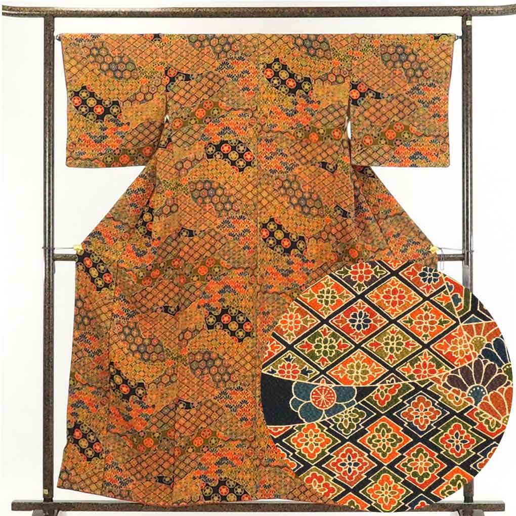 【在庫処分】リサイクル着物 小紋正絹黒地花柄袷小紋着物レディース【裄Mサイズ】身丈160cm 裄66cm 前幅24.5cm 後幅28.5cm 袖丈46cm【ランクA】