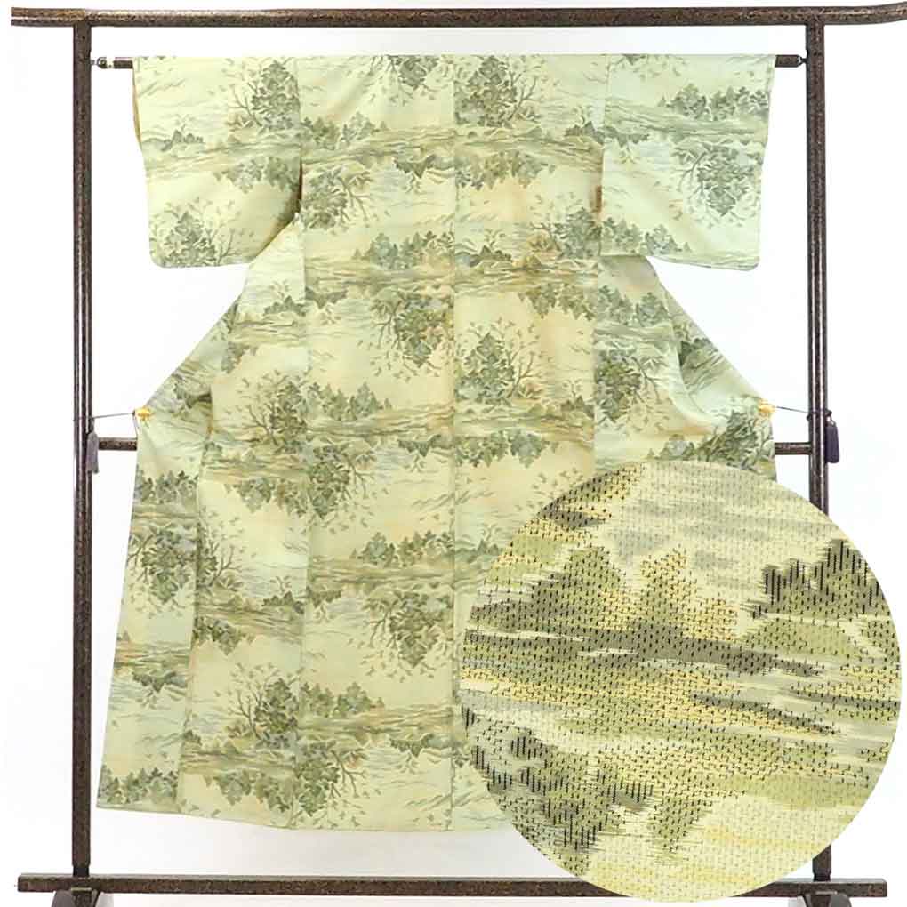 【在庫処分】リサイクル着物 紬正絹薄グリーン地先染袷紬着物未使用品レディース【裄Sサイズ】身丈153cm 裄61cm 前幅23cm 後幅30cm 袖丈44cm【ランクS】