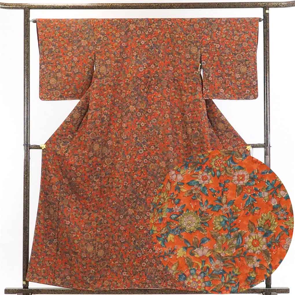 【在庫処分】リサイクル着物 小紋正絹赤茶地花柄袷小紋着物未使用品レディース【裄Mサイズ】身丈160cm 裄65cm 前幅25cm 後幅30cm 袖丈49cm【ランクS】