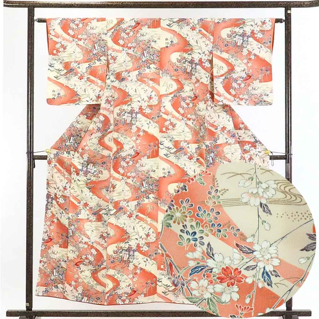 【在庫処分】リサイクル着物 小紋正絹ピンク地花柄袷小紋着物未使用品レディース【裄Sサイズ】身丈156cm 裄62cm 前幅23cm 後幅28cm 袖丈48cm【ランクS】