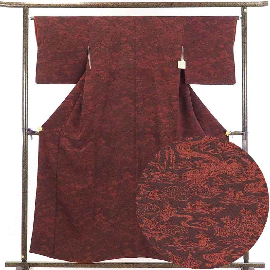 【在庫処分】リサイクル着物 小紋正絹焦茶地庭園柄袷小紋着物レディース【裄Mサイズ】身丈158cm 裄64cm 前幅25cm 後幅30cm 袖丈45cm【ランクA】