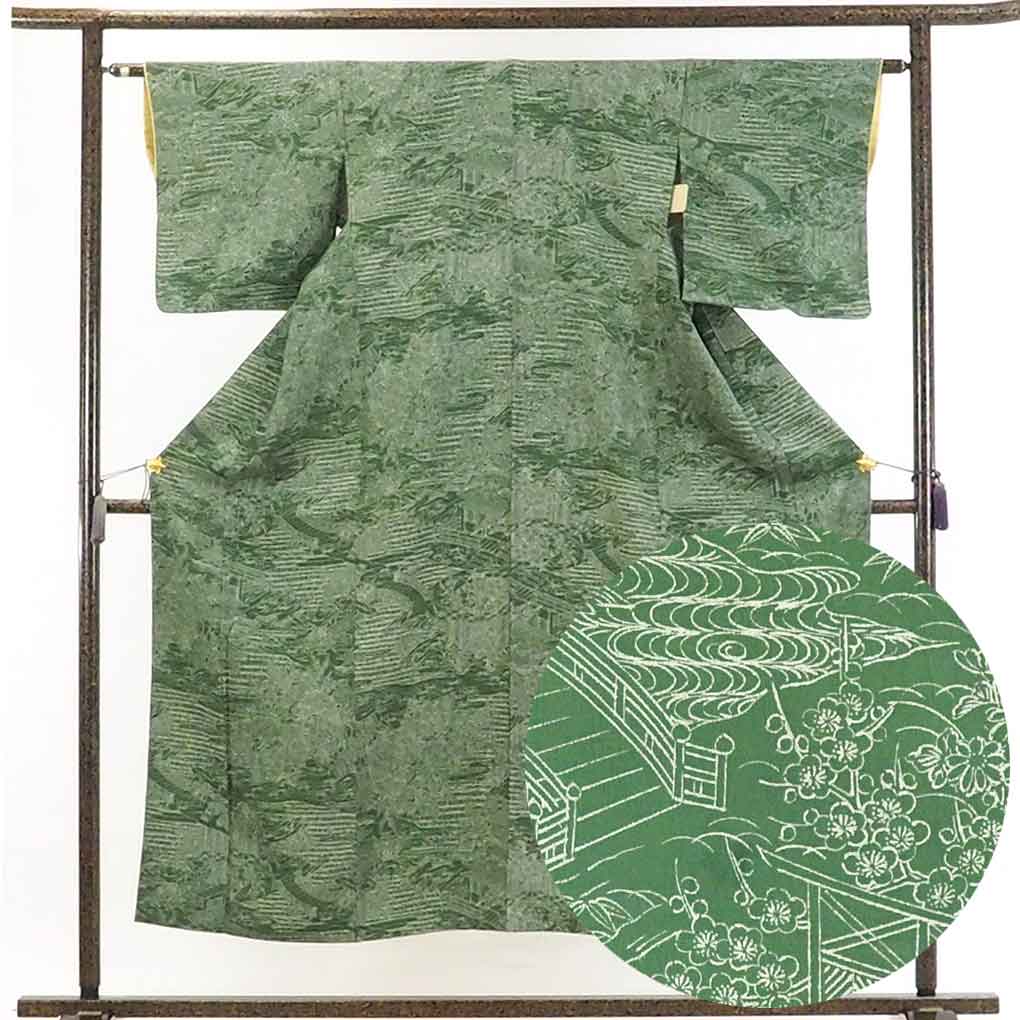 【在庫処分】リサイクル着物 小紋正絹グリーン地袷小紋着物レディース【裄Sサイズ】身丈152cm 裄62cm 前幅23cm 後幅28cm 袖丈45cm【ランクB】